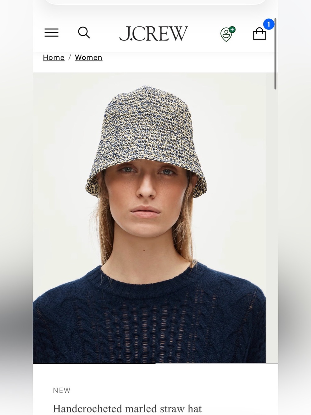 J.Crew Marled Straw Crochet Bucket Hat in Navy & Cream